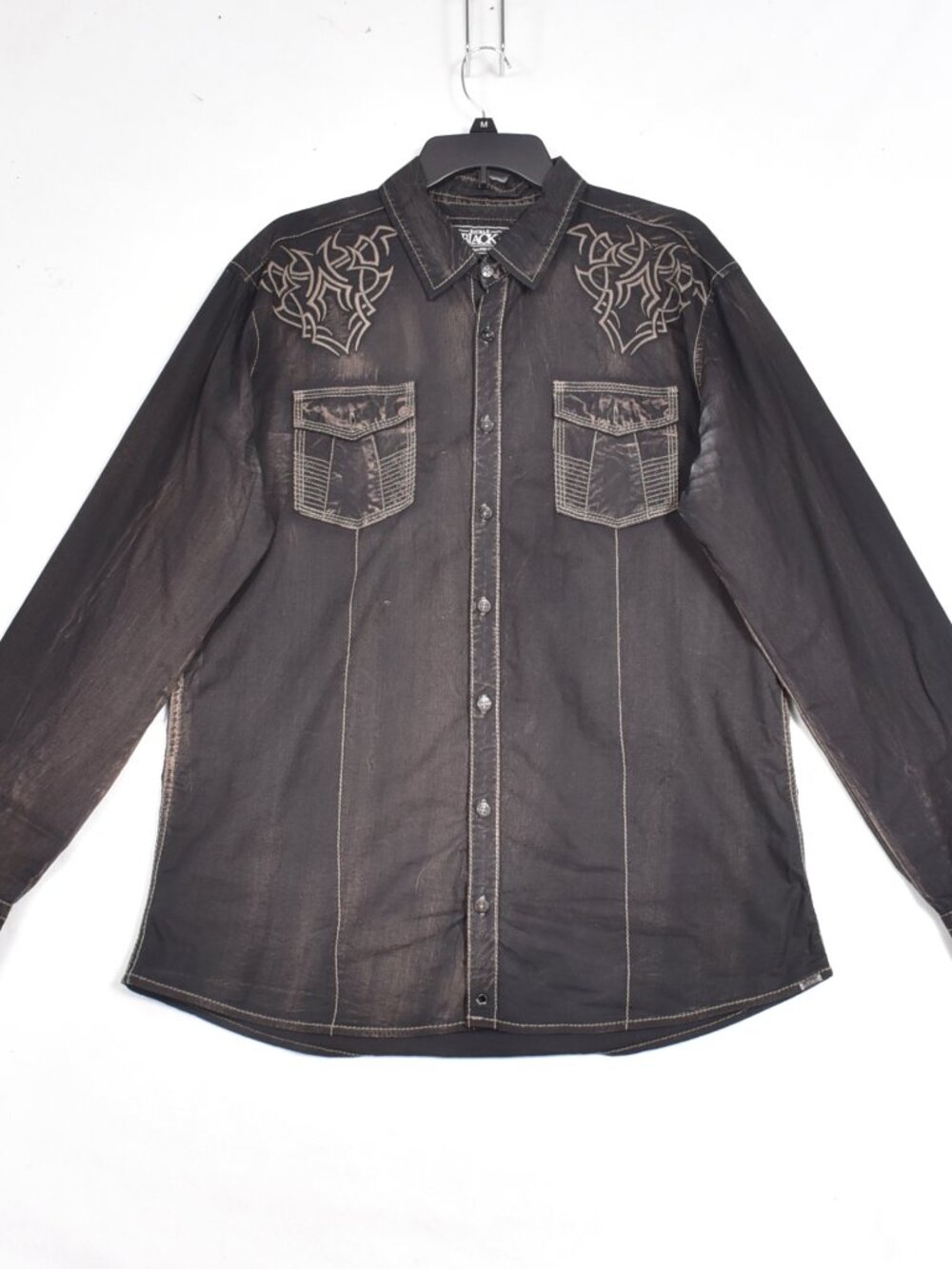 Buckle Black Athletic Fit Men's Black Button Front Shirt Size Large Embroidered